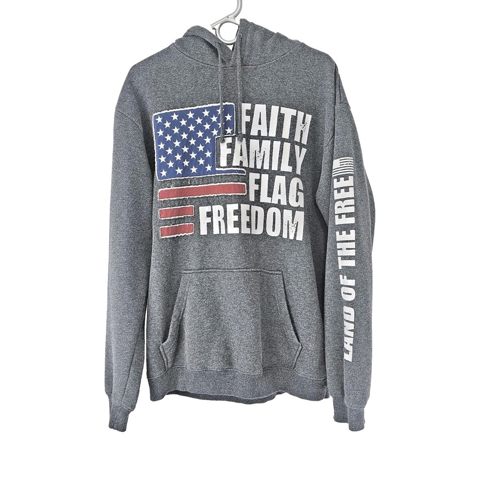 Buckware‎ Faith Family Flag Freedom Grey Patriotic Pullover Hoodie Mens Large